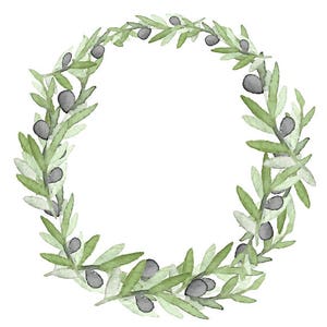 May include: A watercolor illustration of a wreath made of olive branches with green leaves and black olives.