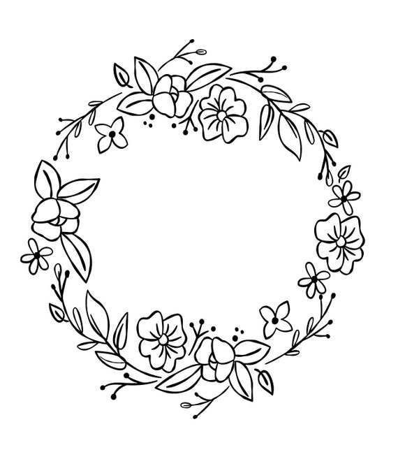 Download Black Outline Wreath Flowers Leaves Clip Art Svg Png Etsy