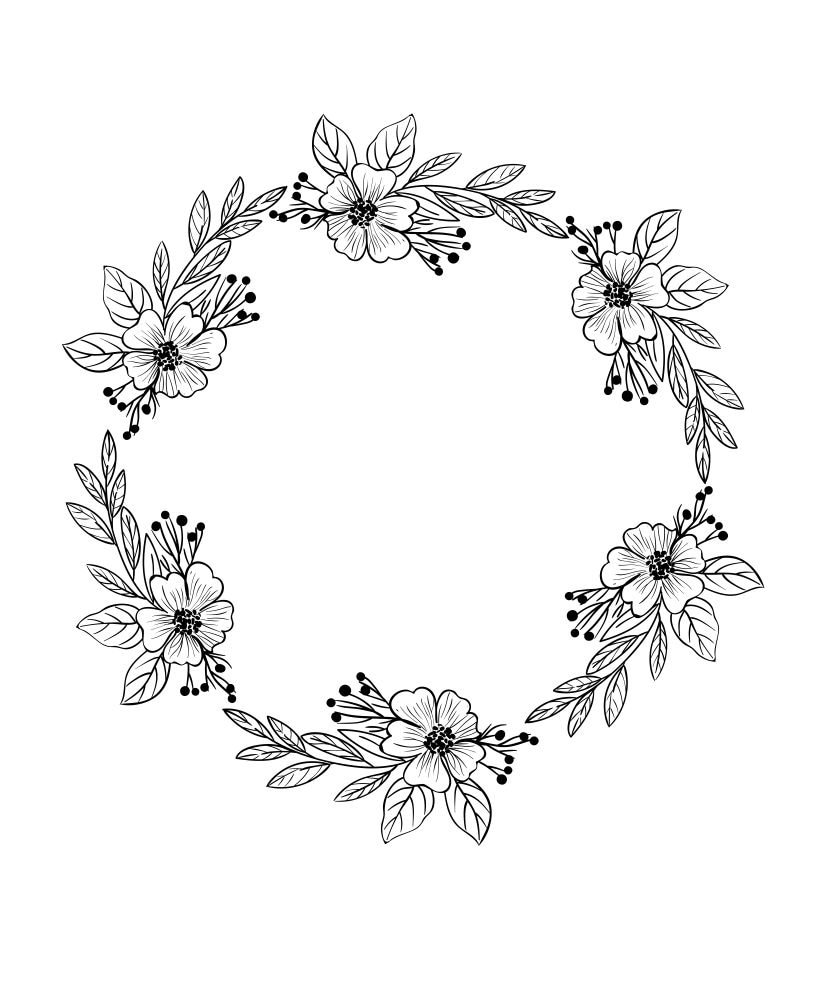 Blumenkranz schwarz weiß Umriss geschnitten Dateien Vektor Kranz Logo Hochzeit SVG PNG Runde Kranz