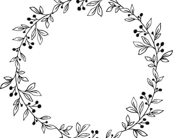 May include: Black and white illustration of a wreath made of leafy branches with berries.