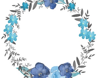 Blue Gray Floral Clip art Watercolor Wreath Blue Flowers Leaves Botanical Illustrations