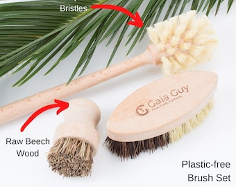 Zero Waste Brush PACK (Multifunctional) Wood Handle Kitchen Brush, Long Bottle Brush, Veggie Scrubber (Biodegradable, Plastic-Free & Vegan)