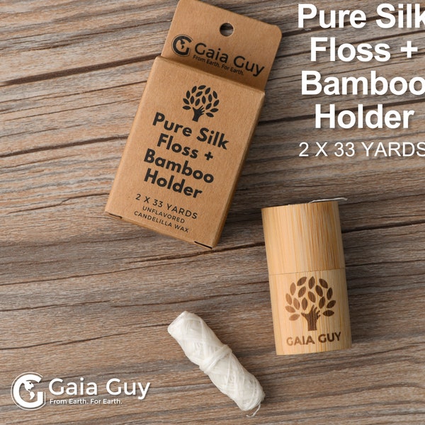 Unflavored Silk Dental Floss with Silk Floss Refill & Reusable Bamboo Holder - Plastic-Free - Zero Waste - Compostable