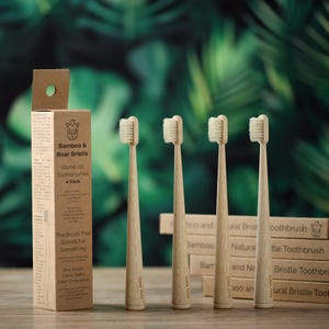 Może przedstawiać: Cztery szczoteczki do zębów z bambusa z włosiem z dzika, wystawione wraz z kartonowym opakowaniem. Na opakowaniu widnieje napis "Bamboo & Boar Bristle Stand-Up Toothbrushes 4 Pack". Szczoteczki są jasnobrązowe z białym włosiem.
