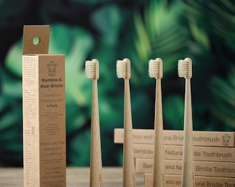 Cepillo de dientes de cerdas de jabalí natural con mango de bambú • Cepillo de dientes de madera biodegradable • Cuidado bucal ecológico • Cerdas sin plástico
