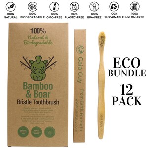 May include: A 12-pack bundle of bamboo and boar bristle toothbrushes. The packaging is brown with a cartoon boar and the text "100% Natural & Biodegradable" and "Bamboo & Boar Bristle Toothbrush". The text "ECO BUNDLE 12 PACK" is printed on the packaging. The toothbrushes are made of natural bamboo and have a brown handle with the text "Gaia Guy" printed on them.