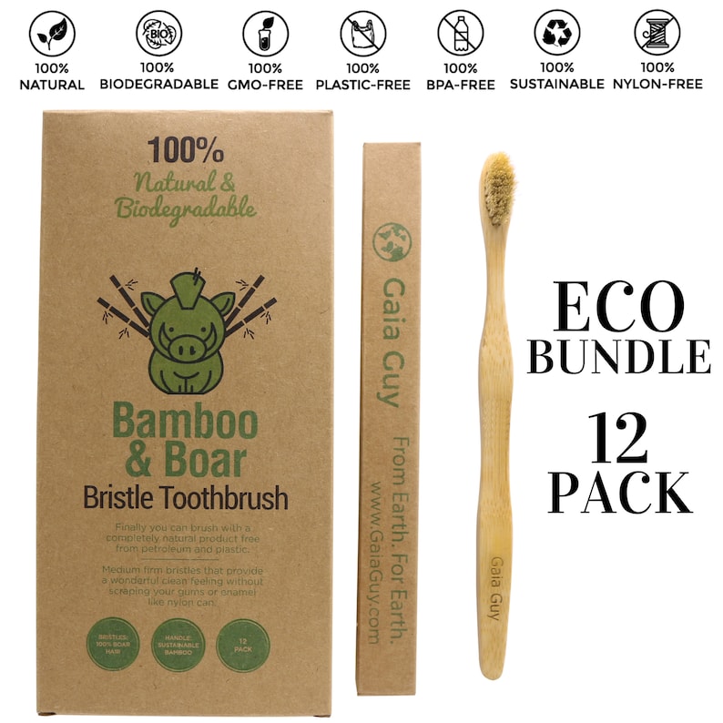 May include: A 12-pack bundle of bamboo and boar bristle toothbrushes. The packaging is brown with a cartoon boar and the text "100% Natural & Biodegradable" and "Bamboo & Boar Bristle Toothbrush". The text "ECO BUNDLE 12 PACK" is printed on the packaging. The toothbrushes are made of natural bamboo and have a brown handle with the text "Gaia Guy" printed on them.