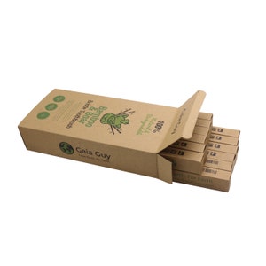 May include: A brown cardboard box with a green logo that says "Bamboo & Boar Bristle Toothbrush". The box is open and contains a stack of bamboo toothbrushes. The logo also says "100% Natural & Biodegradable" and "Gaia Guy From Earth. For Earth".