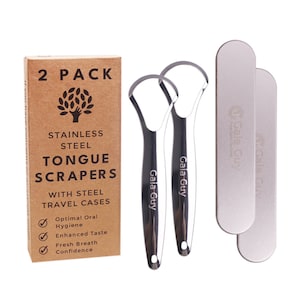Stainless Steel Tongue Scraper 2 Pack With 2 Steel Travel Cases (Plastic-Free)