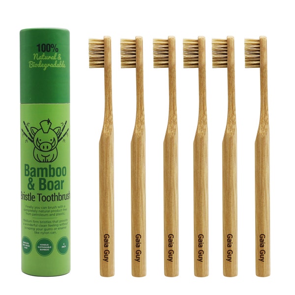 Natural Bristle Bamboo Toothbrush - Totally Biodegradable and Planet-Based 6-Pack