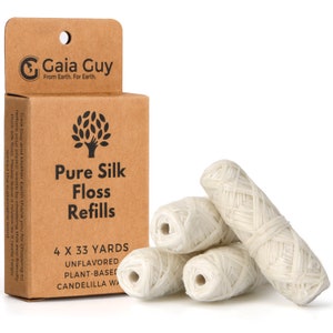 Silk Dental Floss Refill | Unflavored Natural Silk | 4 spools x 33yds