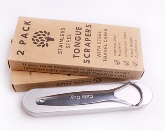 Stainless Steel Tongue Scraper 2 Pack With 2 Steel Travel Cases (Plastic-Free)