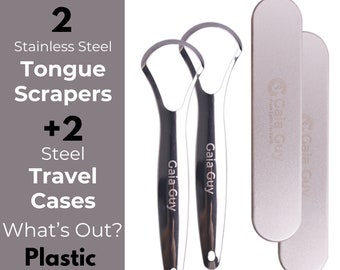 Stainless Steel Tongue Scraper 2 Pack With 2 Steel Travel Cases (Plastic-Free)