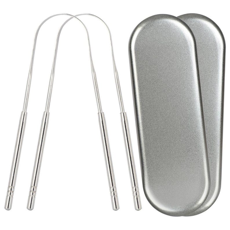 May include: A set of three silver tongue scrapers with a silver carrying case. The scrapers are designed to help remove plaque and bacteria from the tongue.