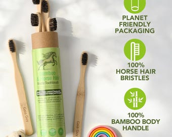 Cepillos de dientes de bambú y crin de caballo Gaia Guy, paquete de 6 | Cerdas suaves y compactas | Sin plástico | Compostables en casa | Para niños y adultos