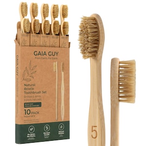 Tandborstar i bambu med naturliga vildsvinsborst (10-pack) | Plastfria, fasta tandborstborstar med naturliga borst | Biologiskt nedbrytbara, miljövänliga munvårdsprodukter