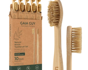 Natural Boar Bristle Bamboo Toothbrushes (10 Pack) | Plastic-Free Firm Natural Bristle Toothbrush Set | Biodegradable Eco Friendly Oral Care