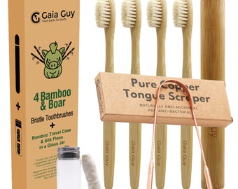 Kit dentaire écologique sans plastique | Brosses à dents en bambou et poils de sanglier + fil de soie + étui de voyage + grattoir à langue en cuivre | Salle de bain zéro déchet