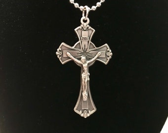 Flared Silver-Tone Crucifix Necklace - Silver Plated Cross Pendant on Chain