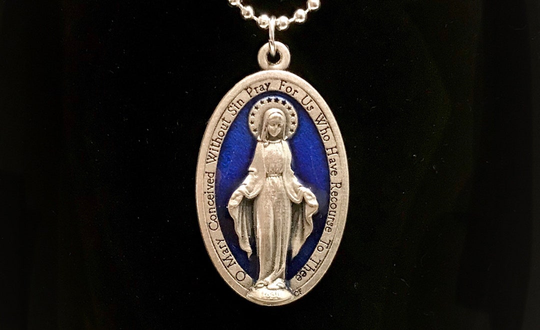 Large Blue Enamel Miraculous Medal: Silver Plated Pendant on Chain - Etsy