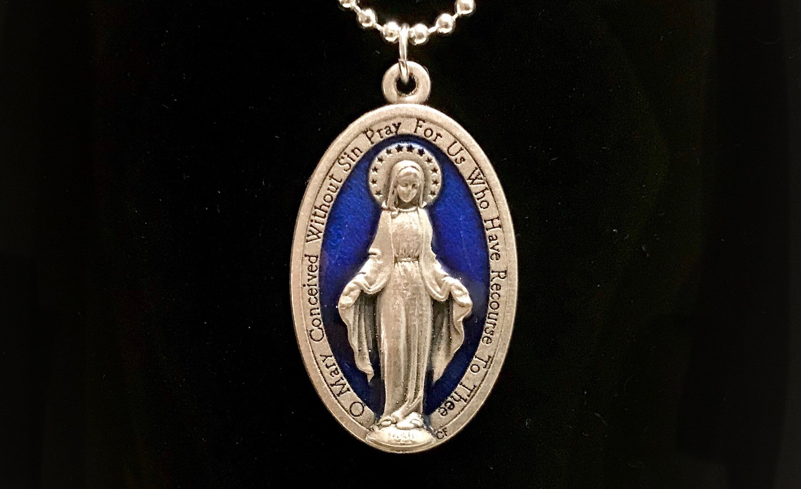 Extra Large Blue Enamel Miraculous Medal Silver and Blue Miraculous
