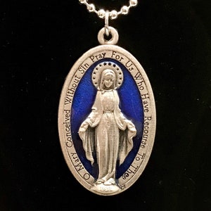 Extra Large Blue Enamel Miraculous Medal - Silver and Blue Miraculous Medal Necklace