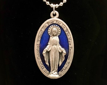 Large Blue Enamel Miraculous Medal Necklace