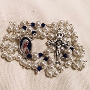 Pearl Virgin Mary Rosary - Handmade Rosary with Pearl and Blue Crystal