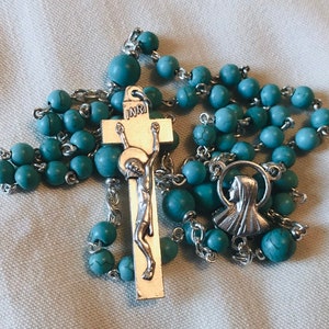 Turquoise Rosary - Silver and Turquoise Colored Handmade Rosary Necklace