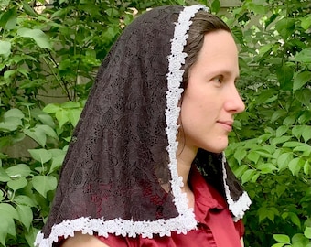 Black Lace Chapel Veil: Handmade Prayer Shawl with Silver Rose Trim, Medium D Veil