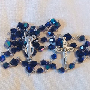 Sapphire Crystal Silver and Blue Rosary - Handmade Rosary, Virgin Mary Traditional Rosary