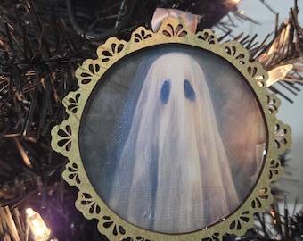 Iridescent gothic ghost Christmas wooden ornament