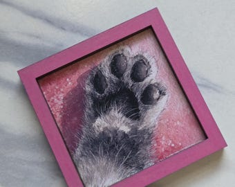 Miniature framed grey cat paw, 2X2 inches
