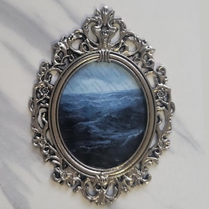 Tiny baroque framed dark sea art portrait 2x3 inch metal frame