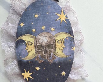 Celestial moon, skull and stars lace portrait 4 in X 2.50 inches