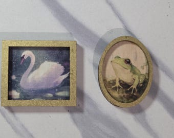 Miniature Framed Swan and Frog Art Prints, Golden Frames
