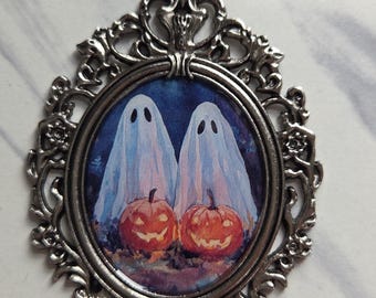 Pumpkin sheet ghost art tiny baroque framed portrait 2x3 inches