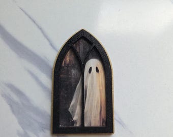 Gothic window ghost painting, small art ghost, mini art