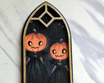 Gothic window pumpkin heads painting, small art ghost, mini art, halloween painting