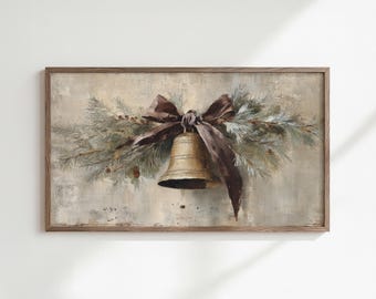 Samsung Frame TV Art | Vintage Art | Christmas Art | Frame TV | Vintage Cedar Garland Brass Bell And Bow  (Digital Download)