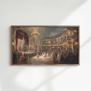 May include: A framed vintage painting shows a Christmas celebration in a theatre. The artwork features a decorated Christmas tree, dancers, and an audience in period dress, lit by chandeliers and stage lights.