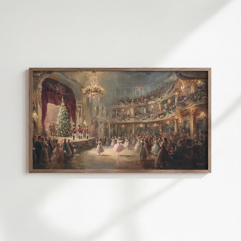 May include: A framed vintage painting depicts a festive Christmas scene in a grand theater. The artwork showcases a decorated Christmas tree, dancers, and an audience in period attire, illuminated by chandeliers.