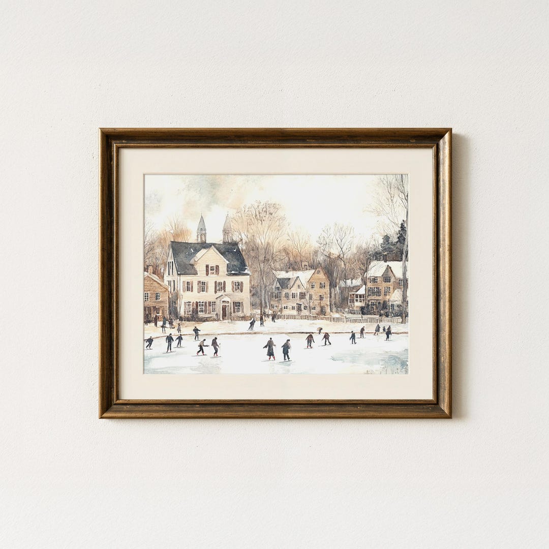 Vintage Watercolor Ice Skating Scene, Oil Painting, Art, Framed Artwork ...