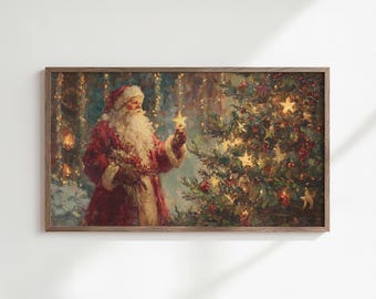 Vintage Santa Claus Frame TV Art: Christmas Tree Painting (Digital Download)