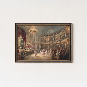 May include: A framed antique painting showing a festive Christmas scene. The artwork depicts a grand ballroom with a Christmas tree, dancers, and an audience. The painting has a warm colour palette with a focus on the details of the architecture and the people.