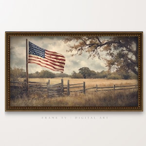 May include: A framed digital art print depicts a rural landscape with an American flag waving in the wind. The artwork features a rustic wooden fence, a field of tall grass, and a cloudy sky. The frame is a dark brown color.