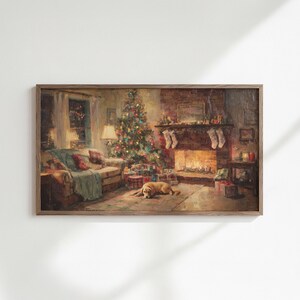 May include: A framed painting depicts a cozy Christmas scene. A decorated tree stands near a fireplace with stockings. A dog rests on the rug. Presents are under the tree. A sofa with pillows and a blanket is on the left.