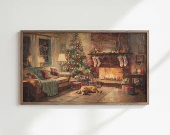 May include: A framed painting depicts a cozy Christmas scene. A decorated tree stands near a fireplace with stockings. A dog rests on the rug. Presents are under the tree. A sofa with pillows and a blanket is on the left.