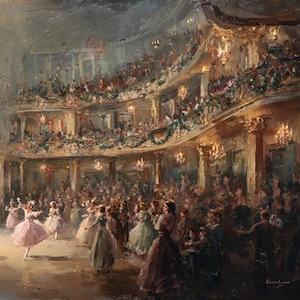May include: An oil painting depicts a grand ballroom scene. Dancers in pastel gowns perform on a wooden floor, while spectators fill the balconies. Chandeliers and garlands adorn the ornate interior, creating a warm, illuminated atmosphere.