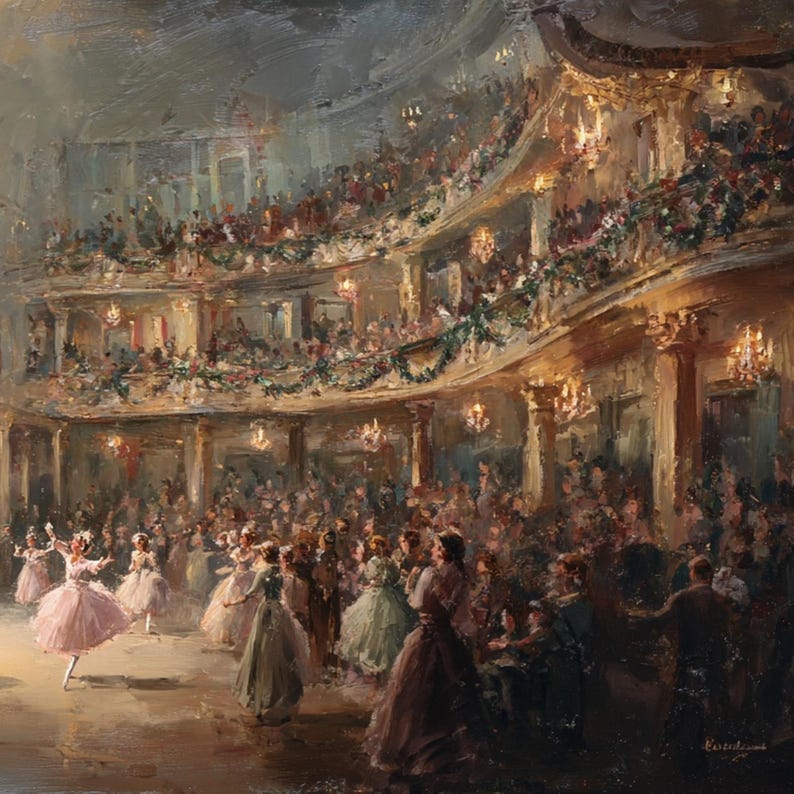 May include: An oil painting depicts a grand ballroom scene. Dancers in pastel gowns perform on a wooden floor, while spectators fill the balconies. Chandeliers and garlands adorn the ornate interior, creating a warm, illuminated atmosphere.